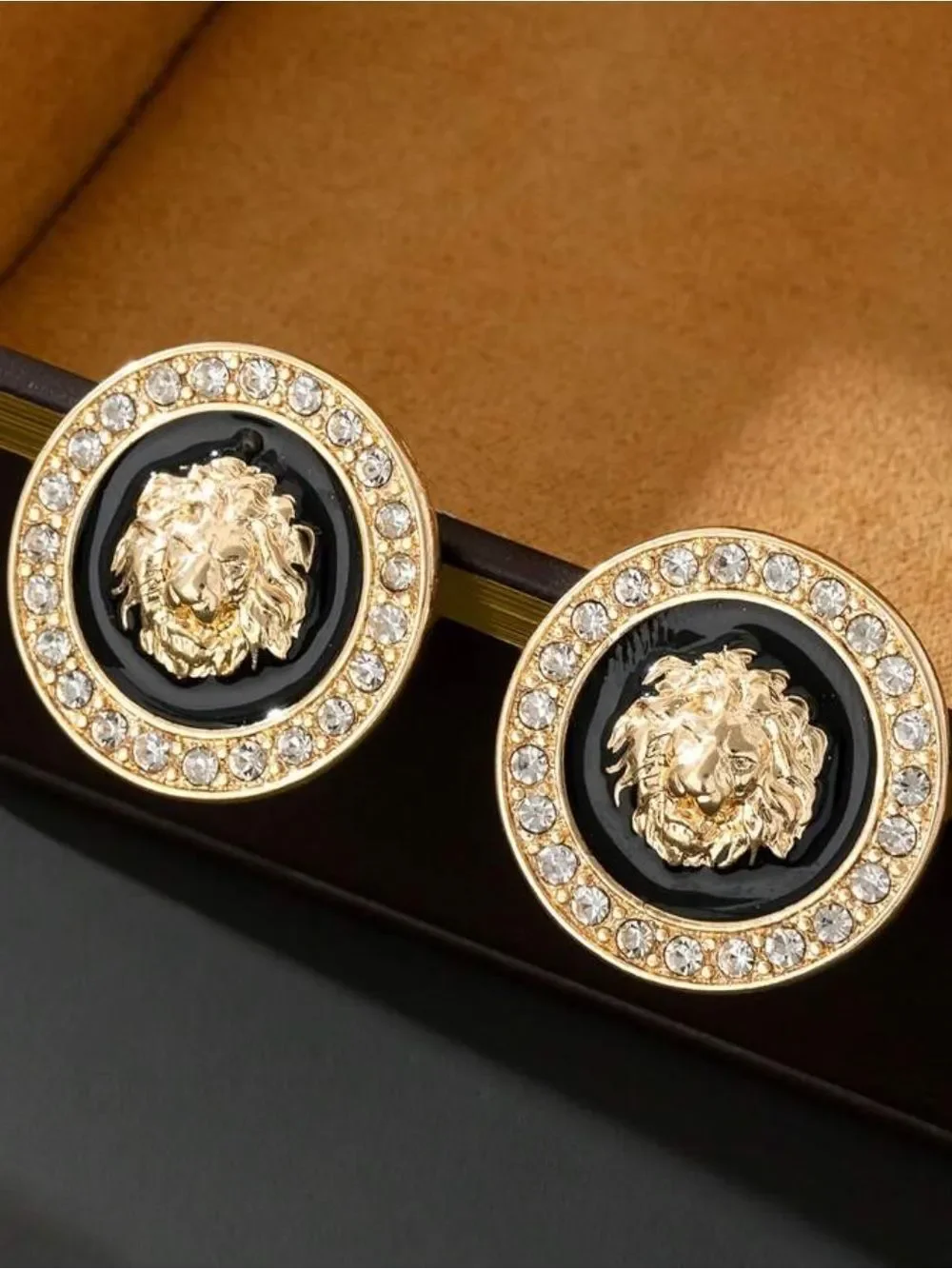 Gold and Black Lion Medallion Stud Earrings - Women Jewelry
